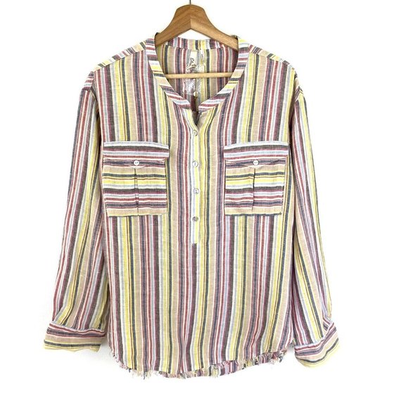 Elan Womens S Linen‎ Striped Popover Top Multicolor Shirt Patch Pocket NEW - Picture 1 of 9